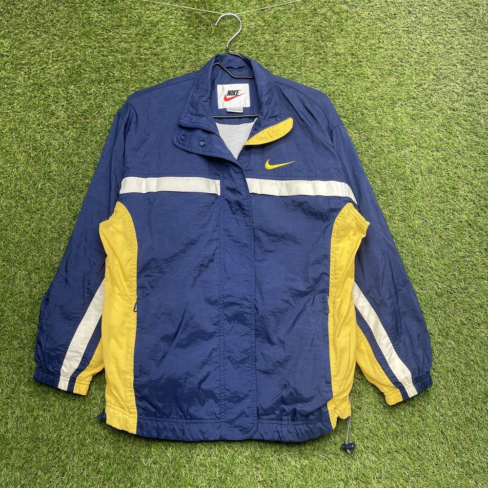 Vintage Nike Jacket Mens Small Blue Yellow Windbreaker Swoosh Spell Out 90s